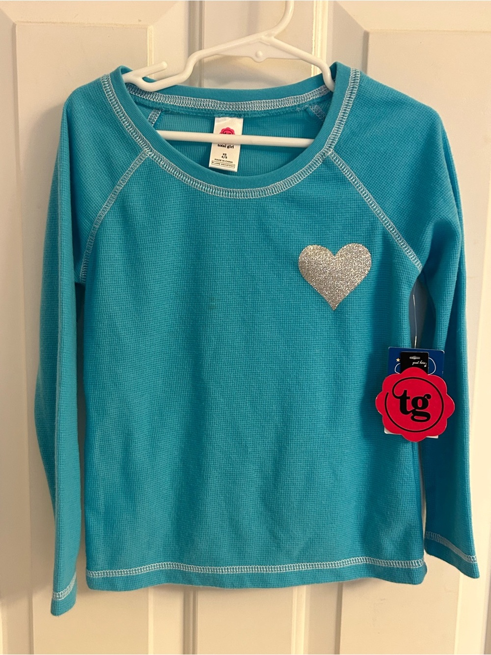 NWT- total girl Turquoise Long Sleeve Pajama Tee with Silver Glitter Heart